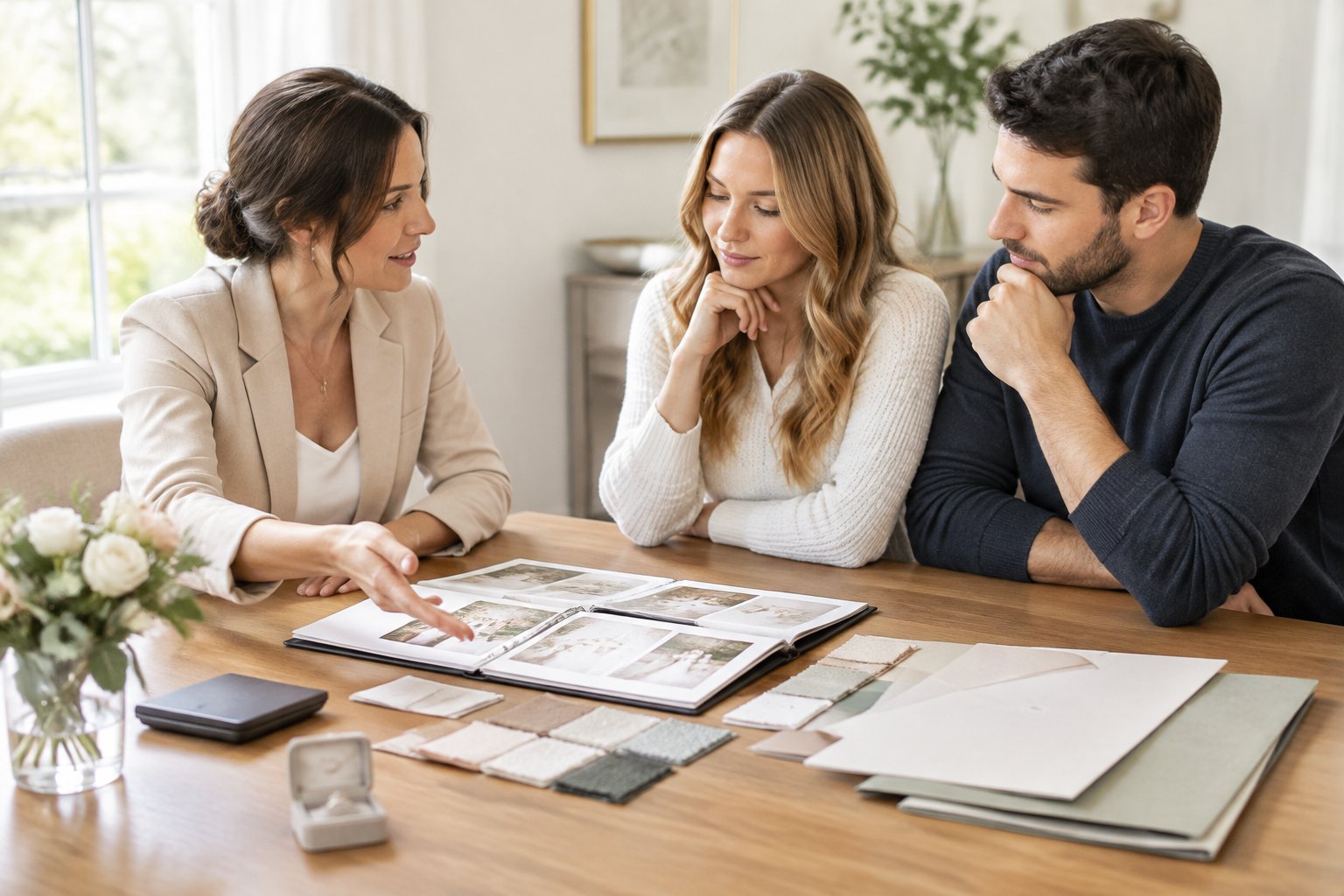 A wedding planner discusses planning options with an engaged couple at a table.