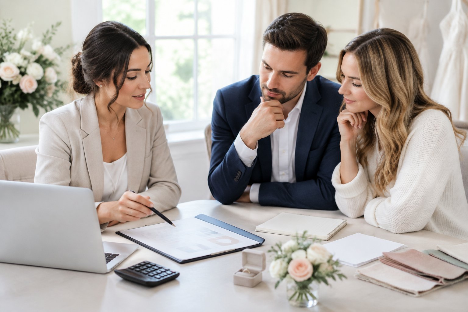 A wedding planner discusses budget options with an engaged couple at a table.