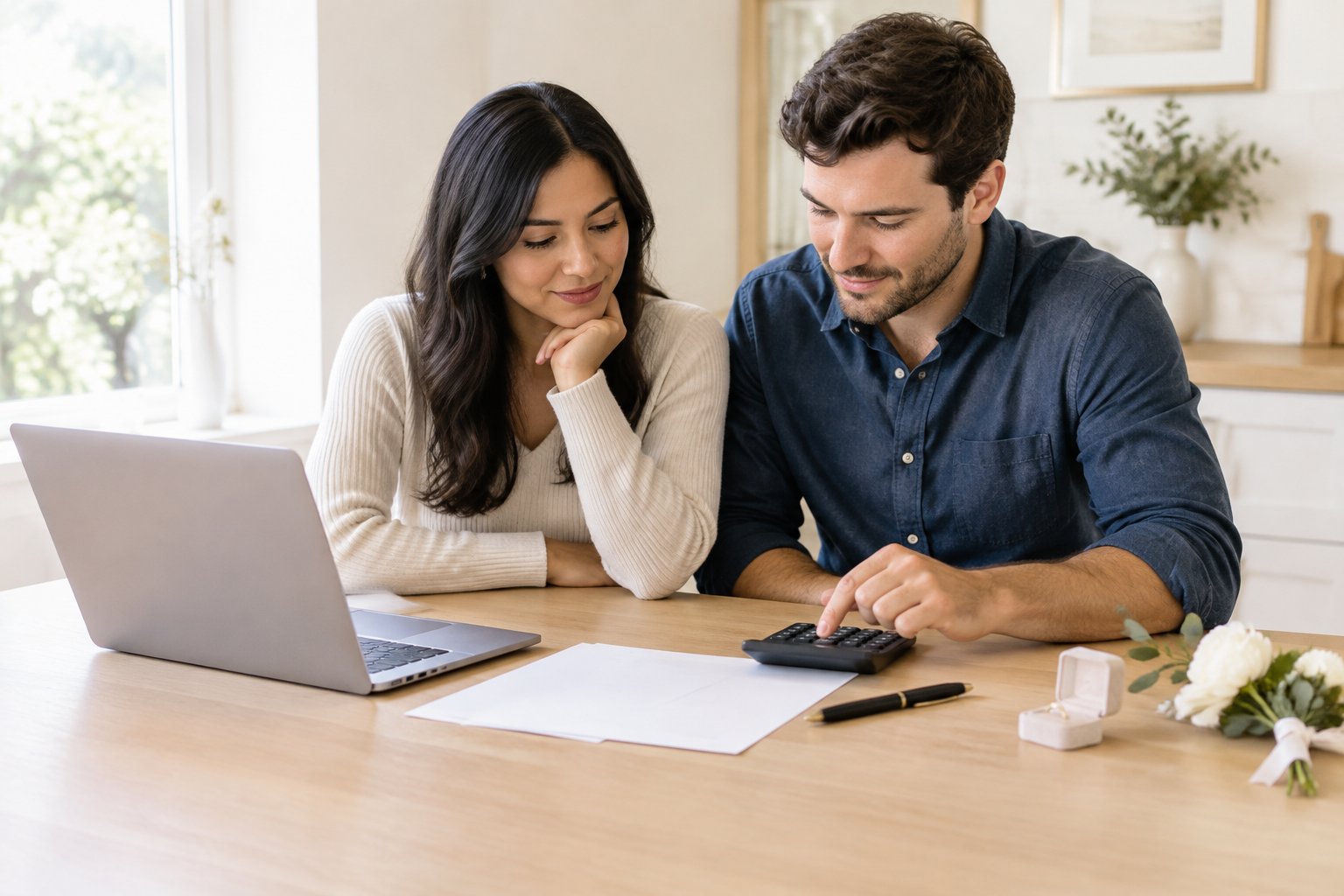 A couple reviews wedding expenses together at a table.