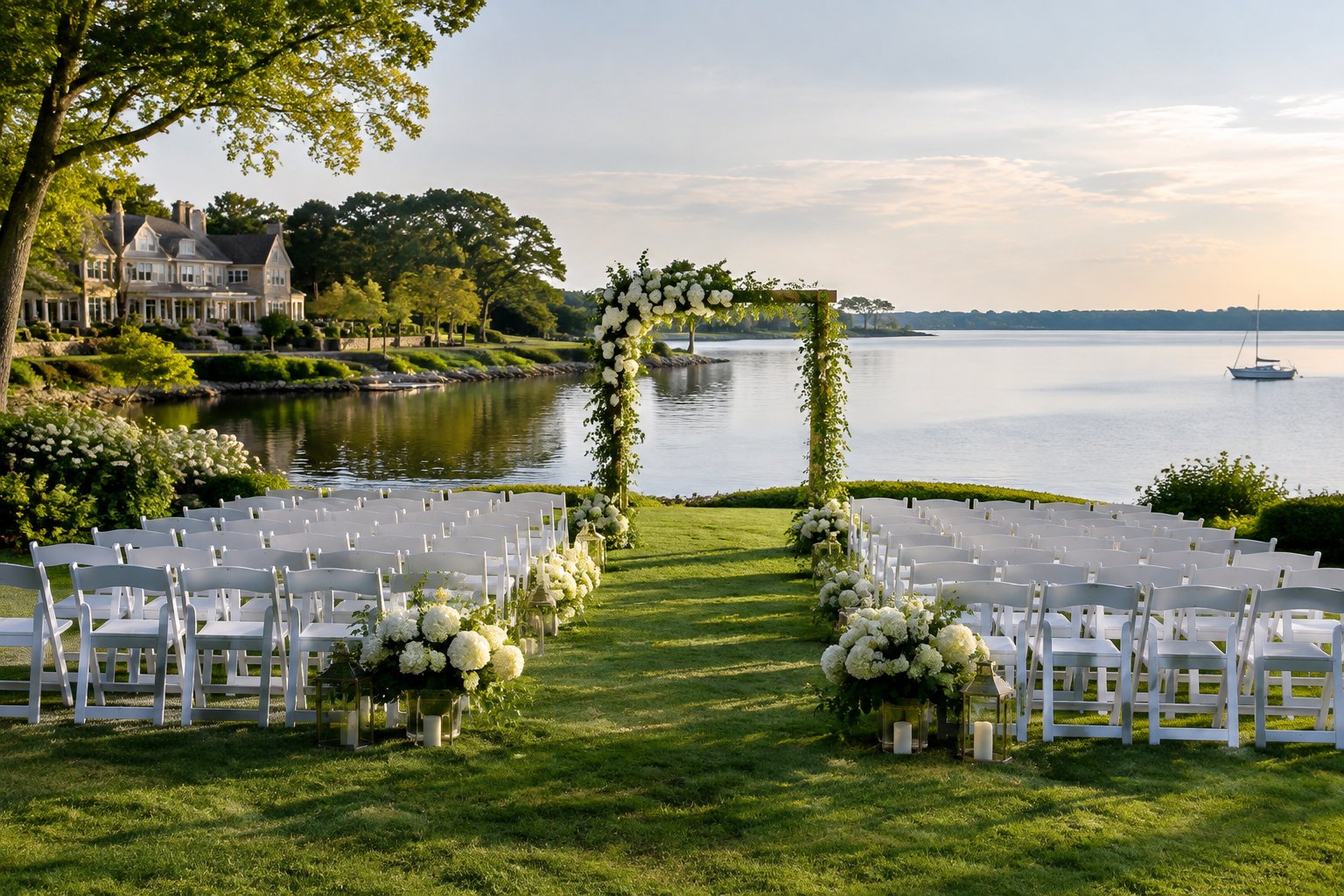A wedding ceremony setup on a lawn beside a calm lake.