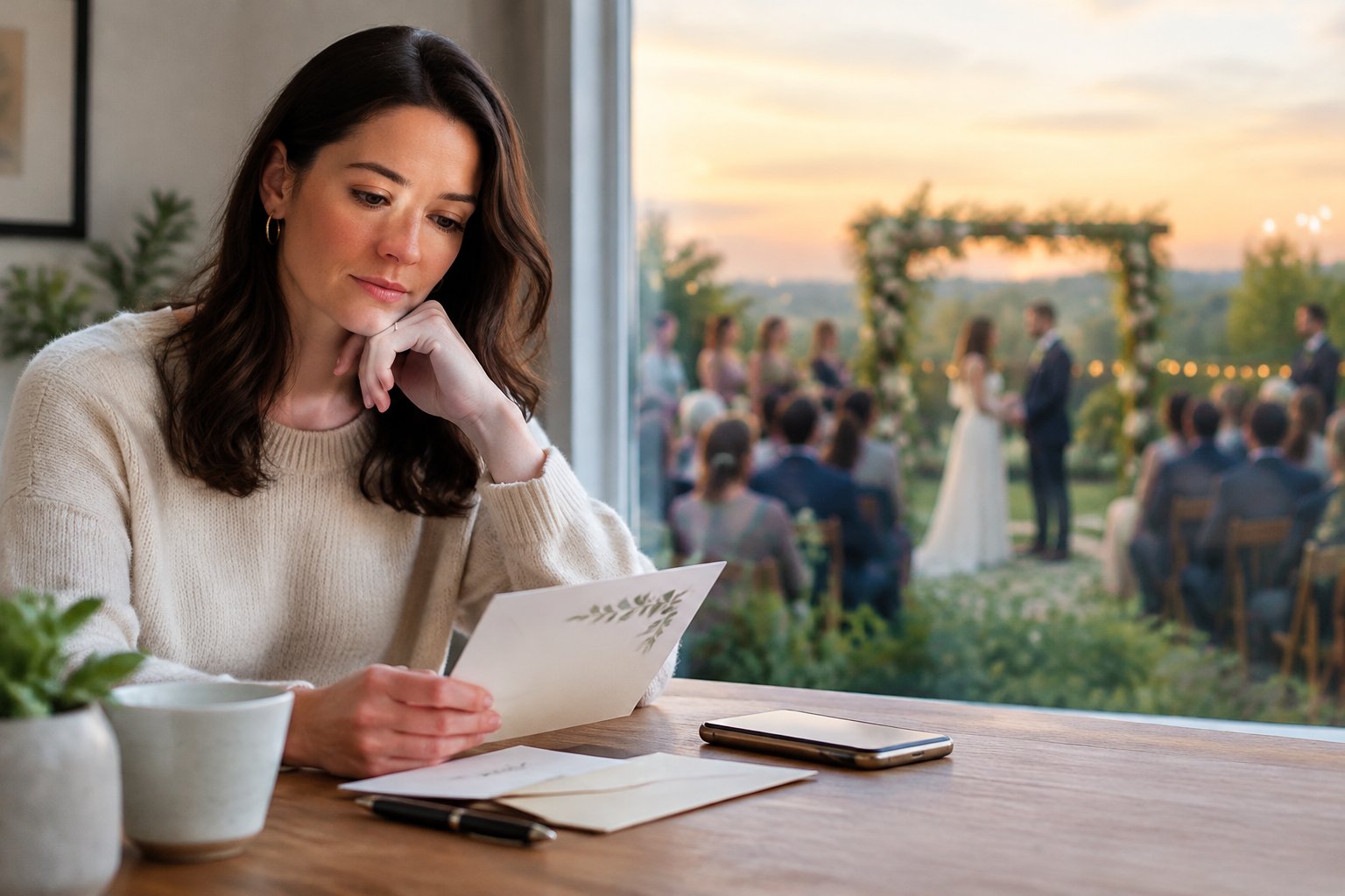 A person considers a wedding invitation at home while a wedding celebration is visible in the distance.