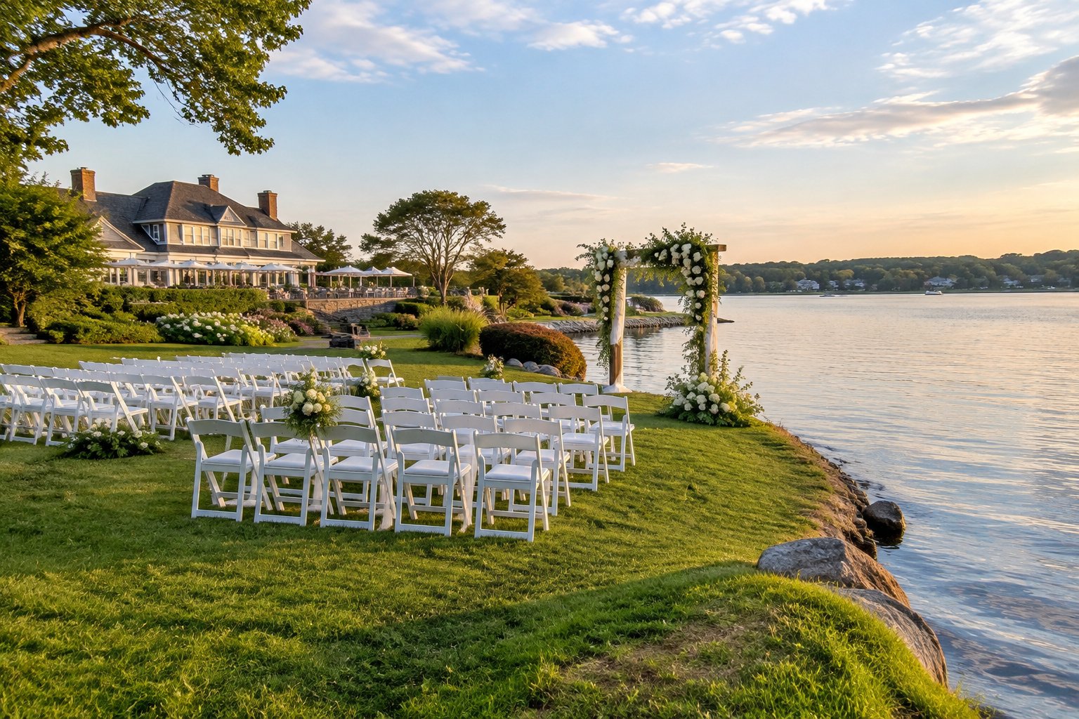 A wedding ceremony setup on a grassy shore beside a calm lake.