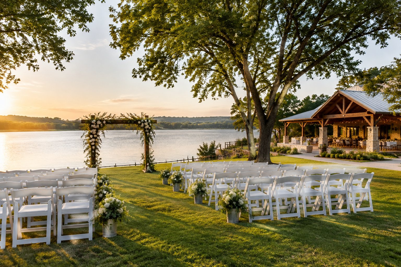 An outdoor wedding ceremony setup beside a lake, with white chairs and a floral arch.