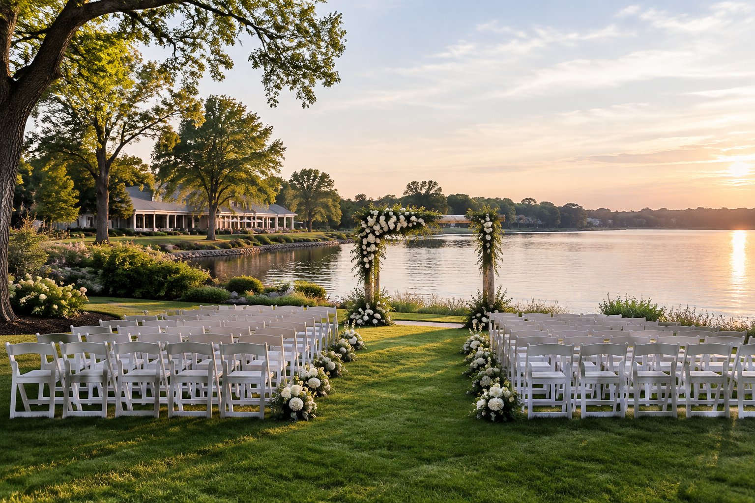 A wedding ceremony setup beside a calm lake, with chairs facing a floral arch.