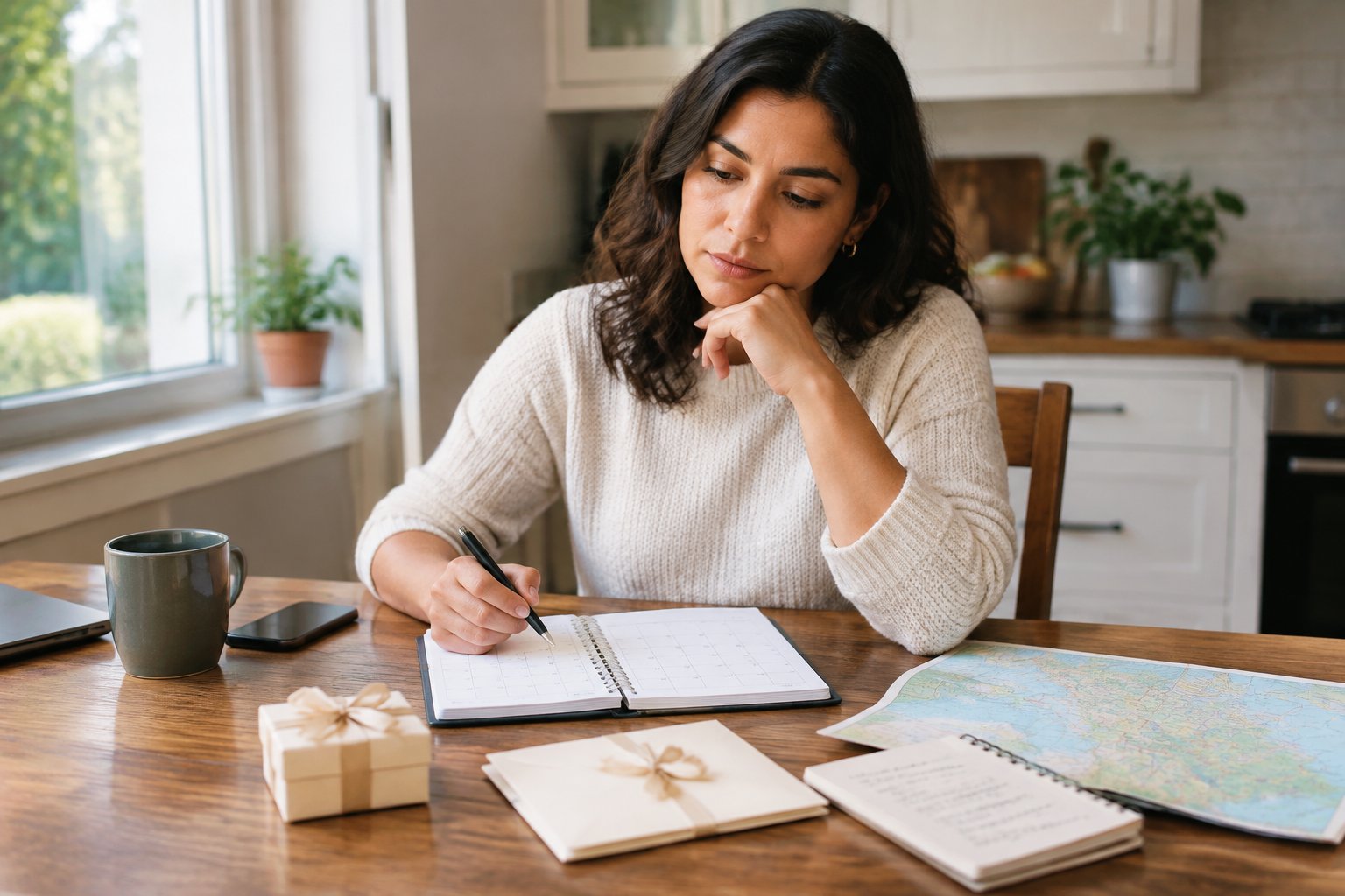 A thoughtful person considers a wedding invitation at a kitchen table.