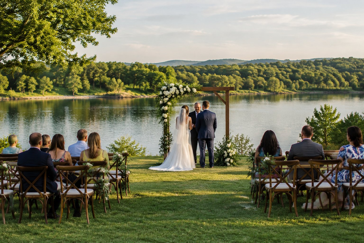 An outdoor wedding ceremony set beside a calm lake.
