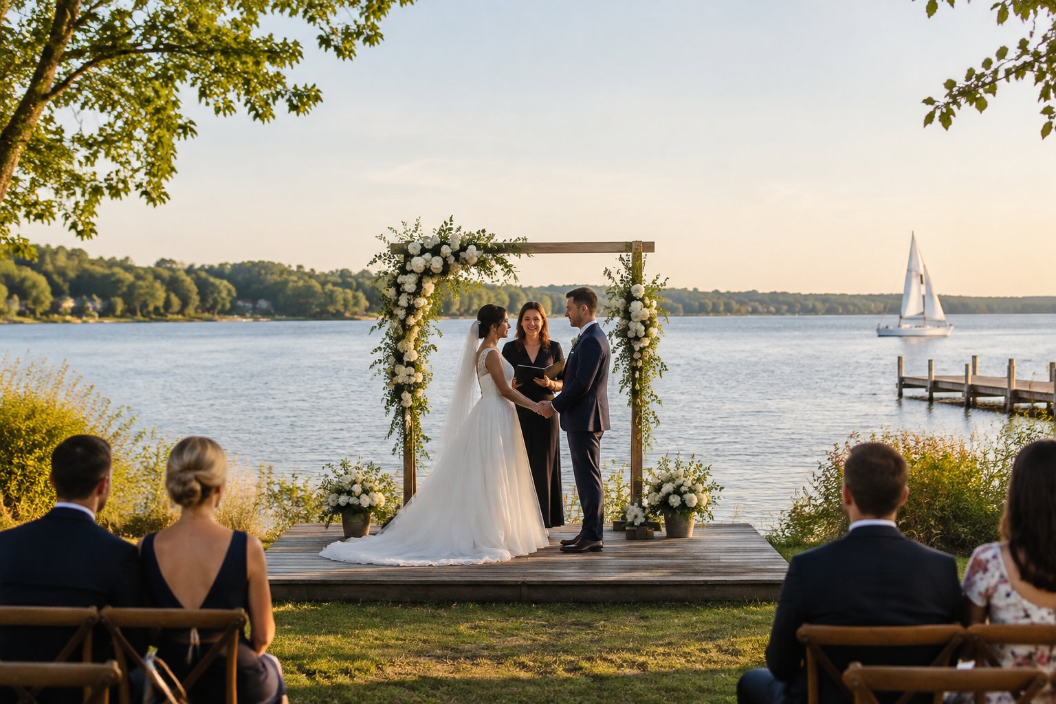 A couple stands beneath a floral arch at a lakeside wedding ceremony.