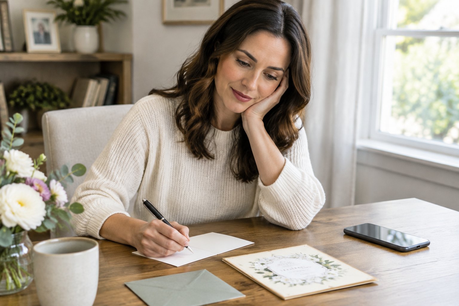 A guest thoughtfully prepares an RSVP card beside a wedding invitation at a desk.