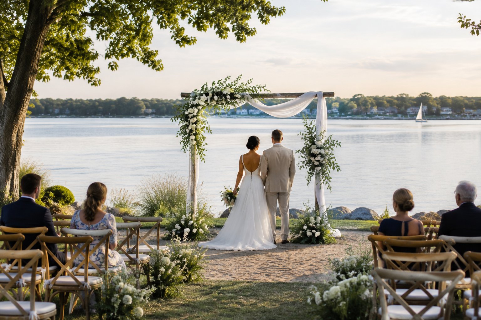 A lakeside wedding ceremony set beside calm water.