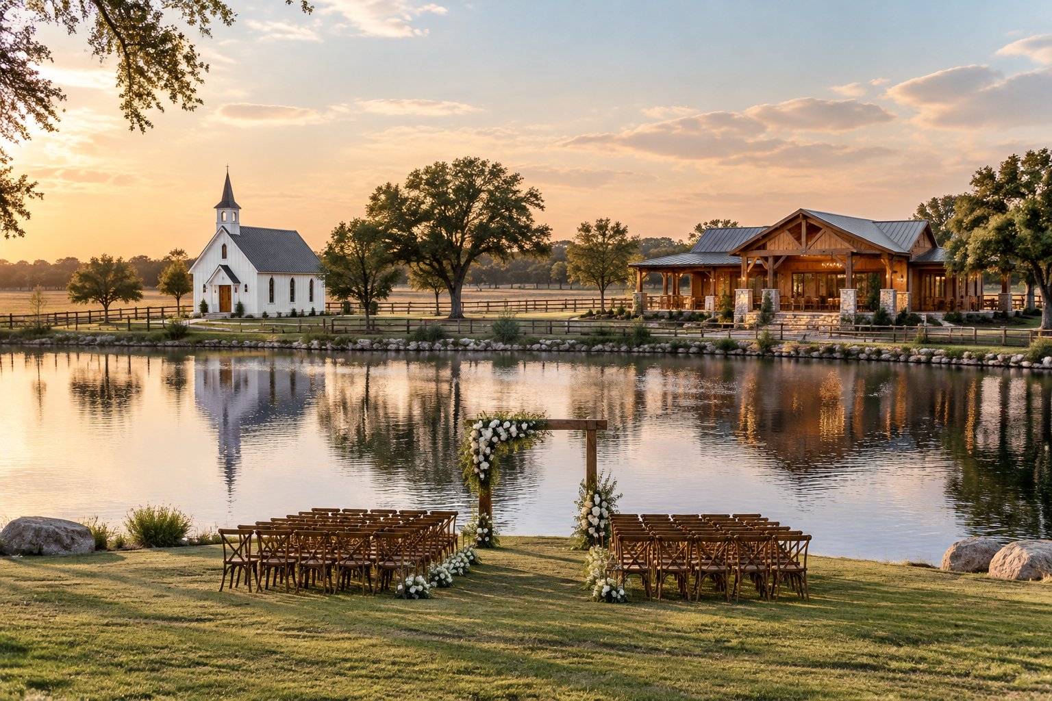 A lakeside wedding setup between a white chapel and a rustic ranch pavilion.