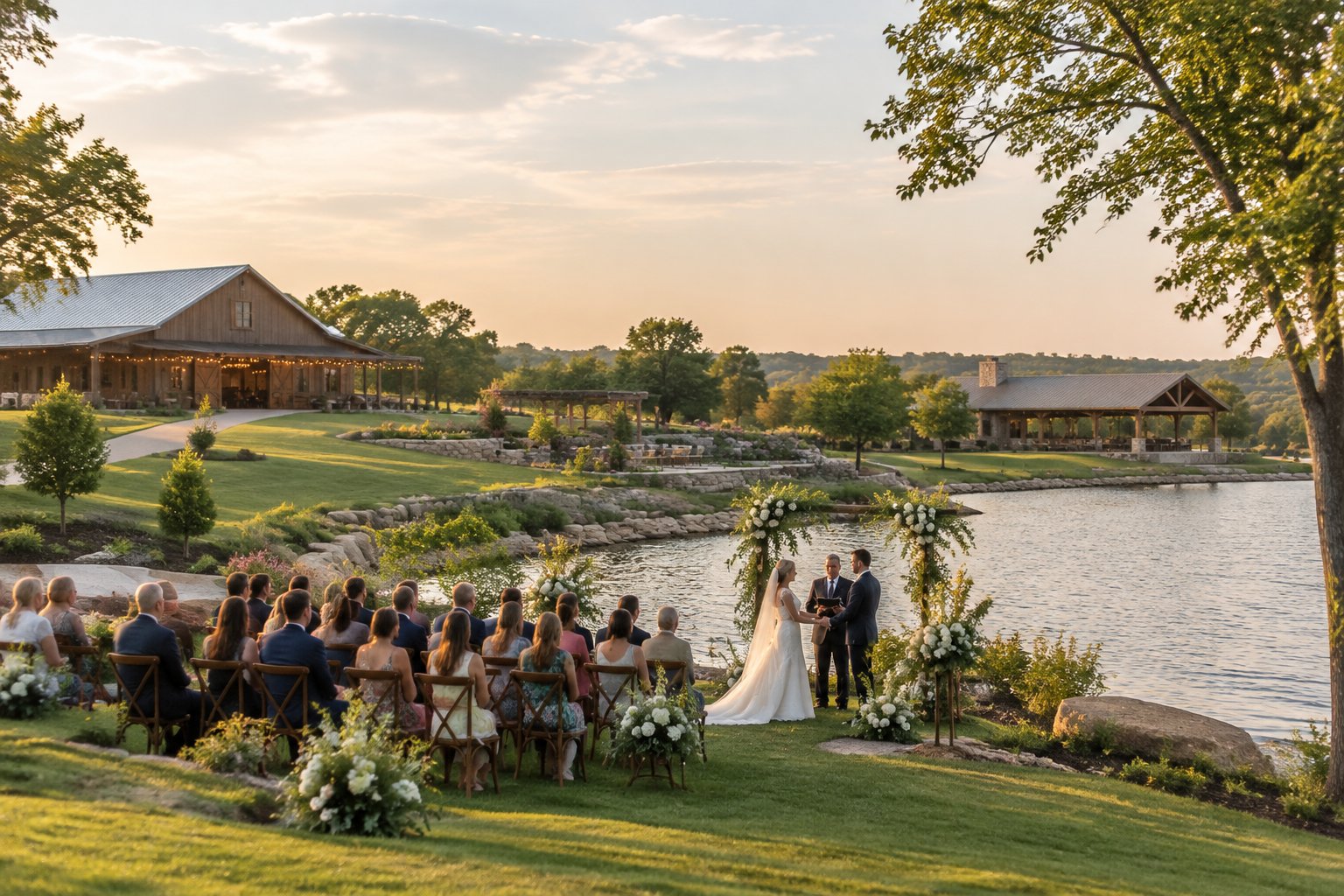 A lakeside wedding ceremony with nearby garden, barn, and pavilion venues.