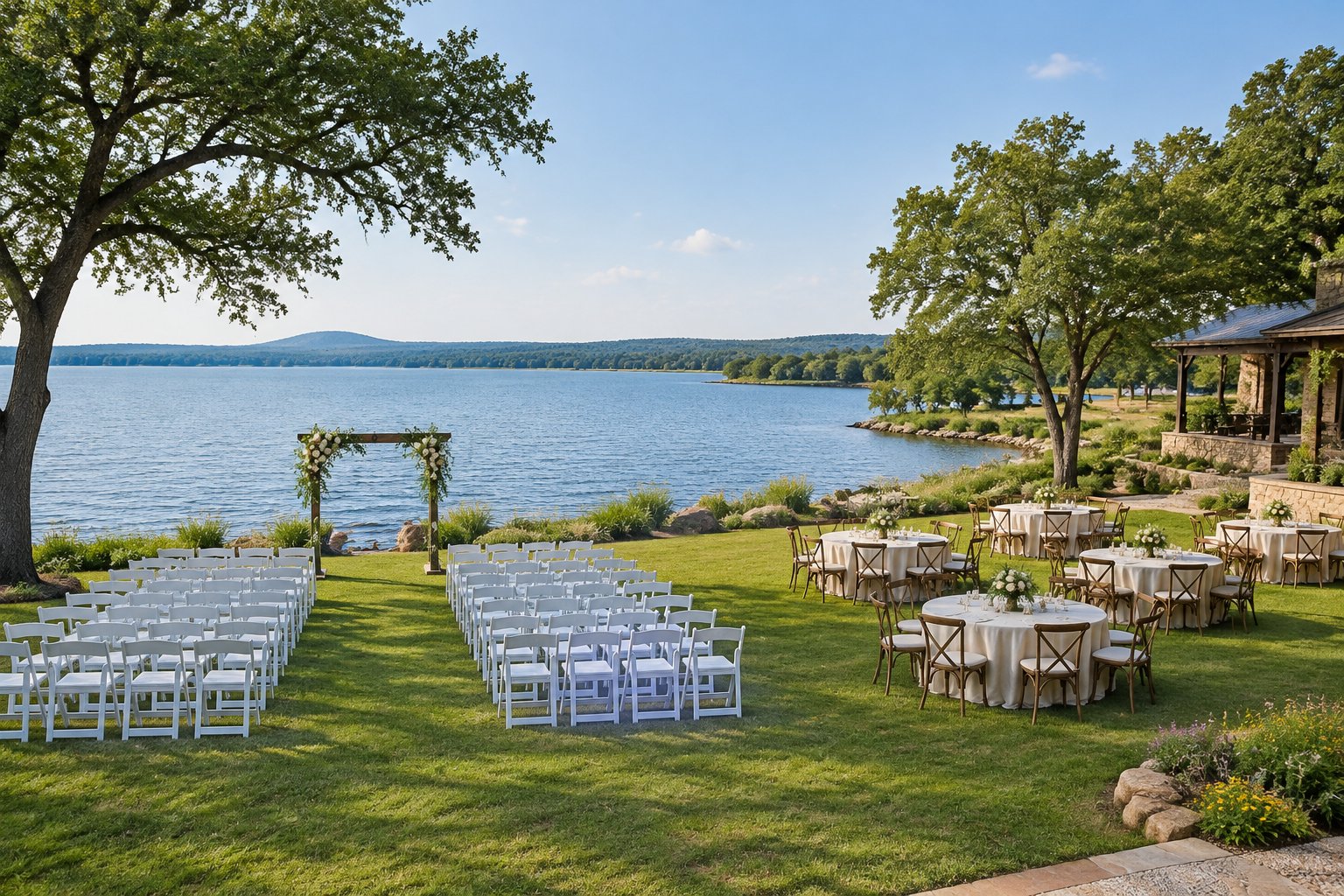 A lakeside lawn arranged with wedding ceremony chairs and reception tables.