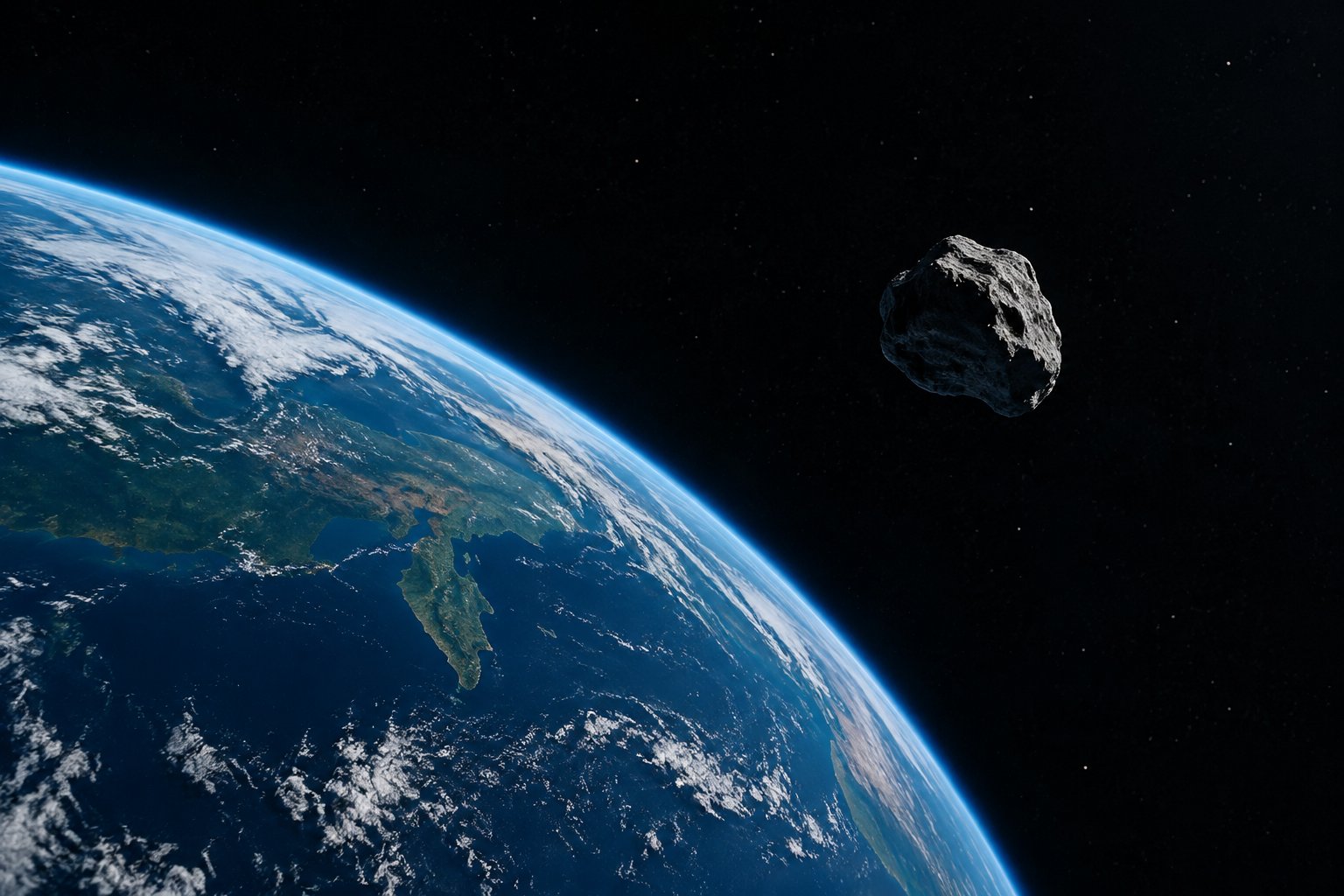 A small rocky moon floats near Earth in space.