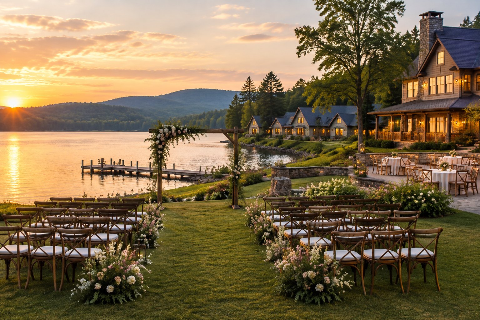 A lakeside wedding ceremony setup beside an inn and guest cottages.