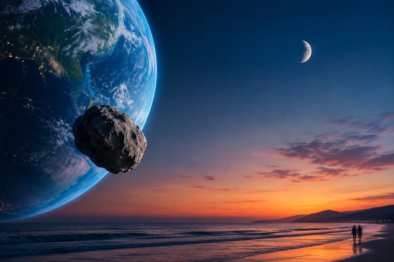 A small asteroid orbits near Earth as a crescent moon hangs over a beach where two people walk.