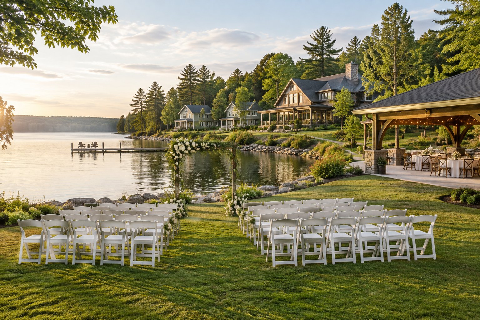A lakeside wedding ceremony setup with guest cottages nearby.