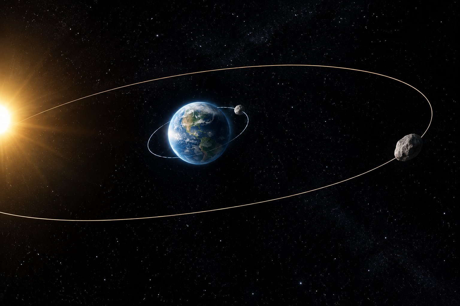 Earth with one asteroid orbiting it and another traveling nearby around the Sun.