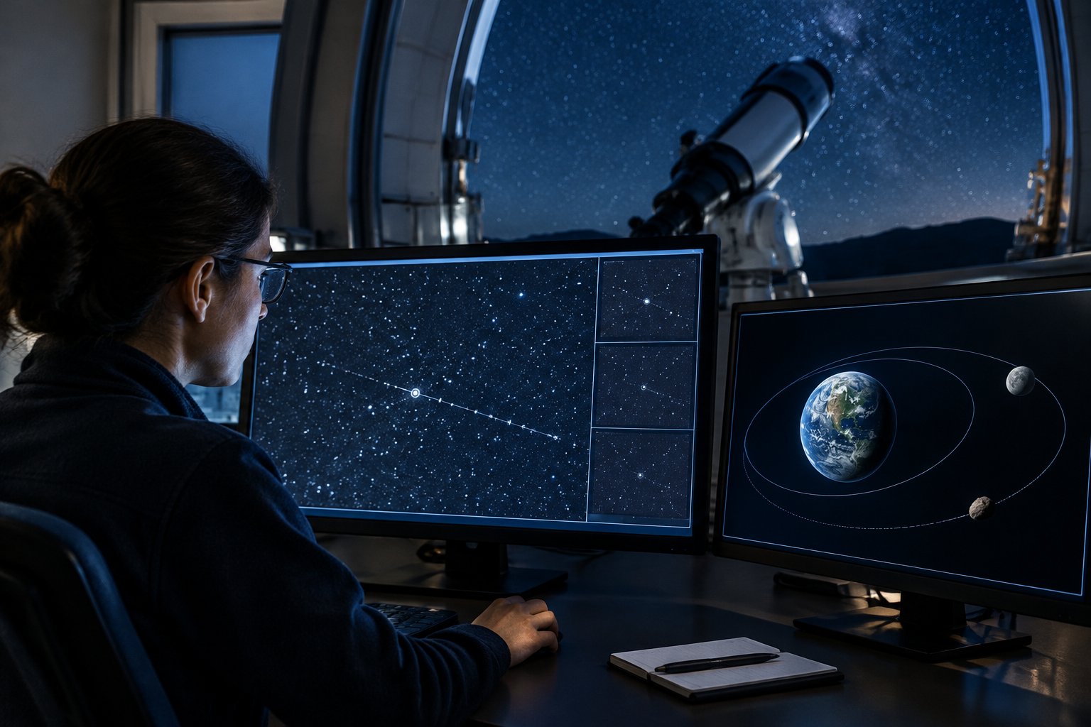 An astronomer studies observations of a small asteroid near Earth at an observatory.