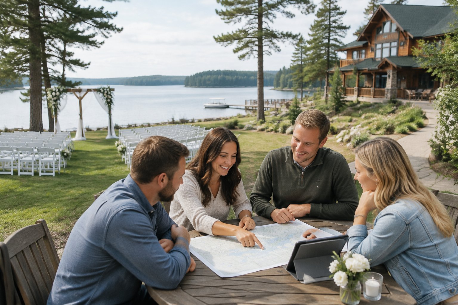A couple reviews wedding venue options at a lakeside lodge with a ceremony area nearby.