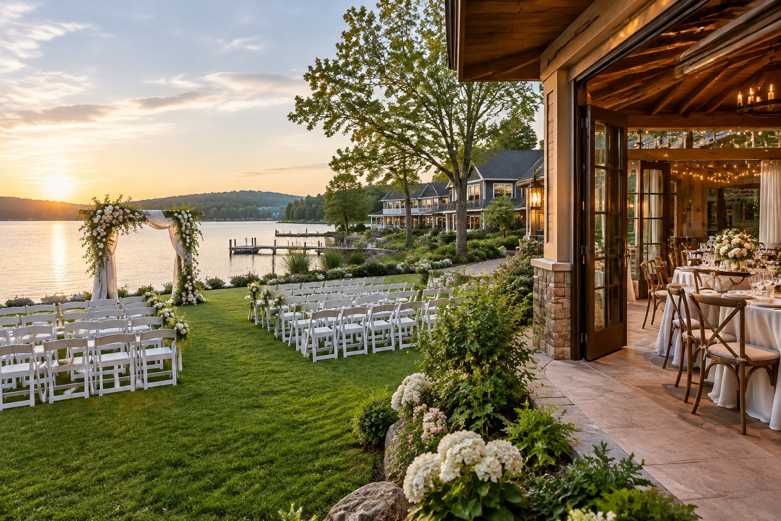 A lakeside inn with an outdoor wedding ceremony lawn and a nearby reception terrace.
