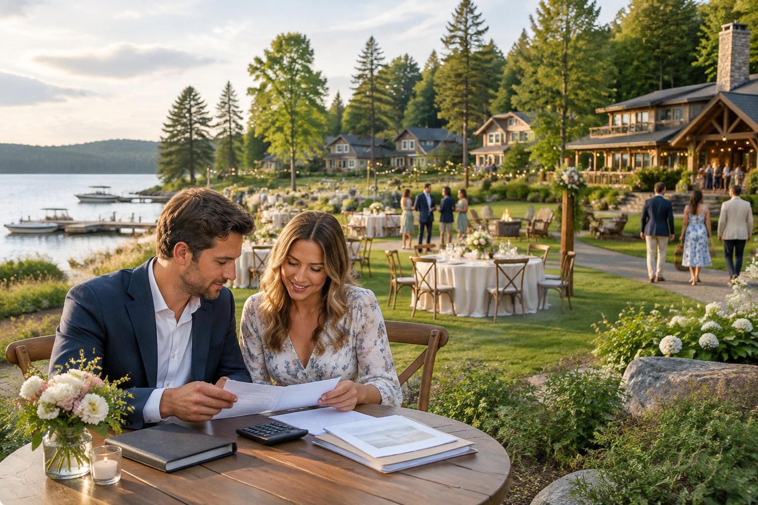 A couple reviews wedding plans at a lakeside reception venue with a nearby lodge and guest cottages.