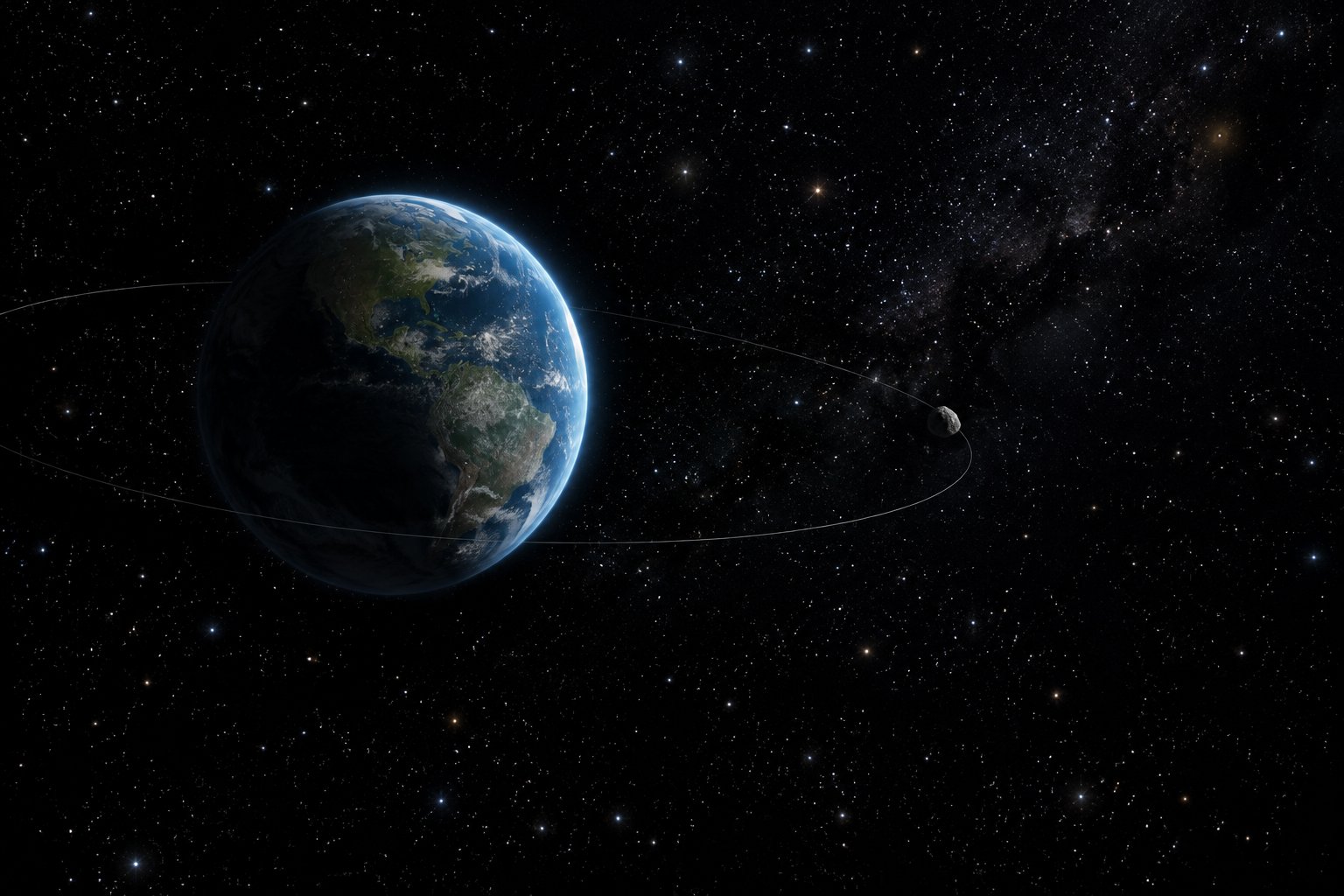 A small asteroid passes through Earth's orbit against a star-filled background.