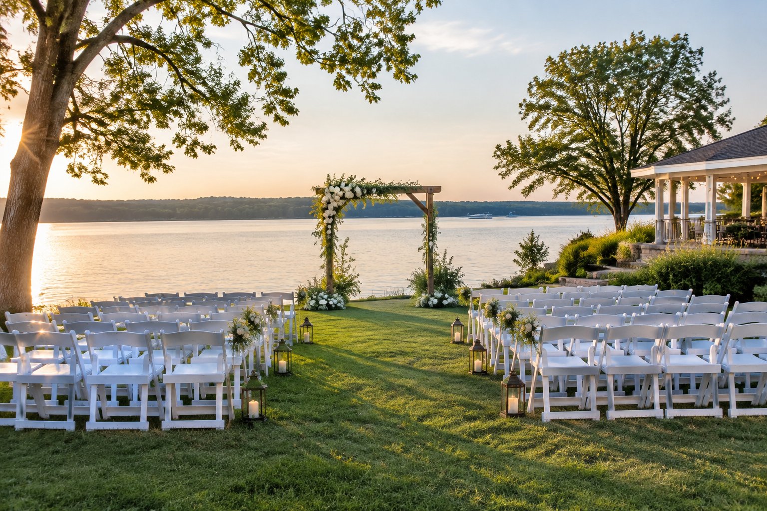 An outdoor wedding ceremony setup beside a calm lake.