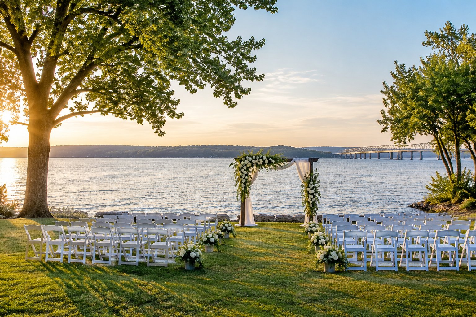 An outdoor wedding ceremony set beside a calm lake.