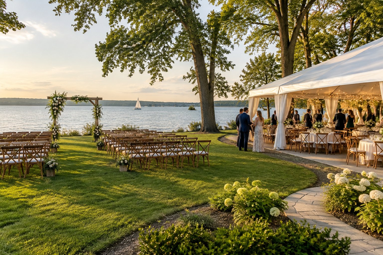 A lakeside wedding ceremony and reception set up beside the water.
