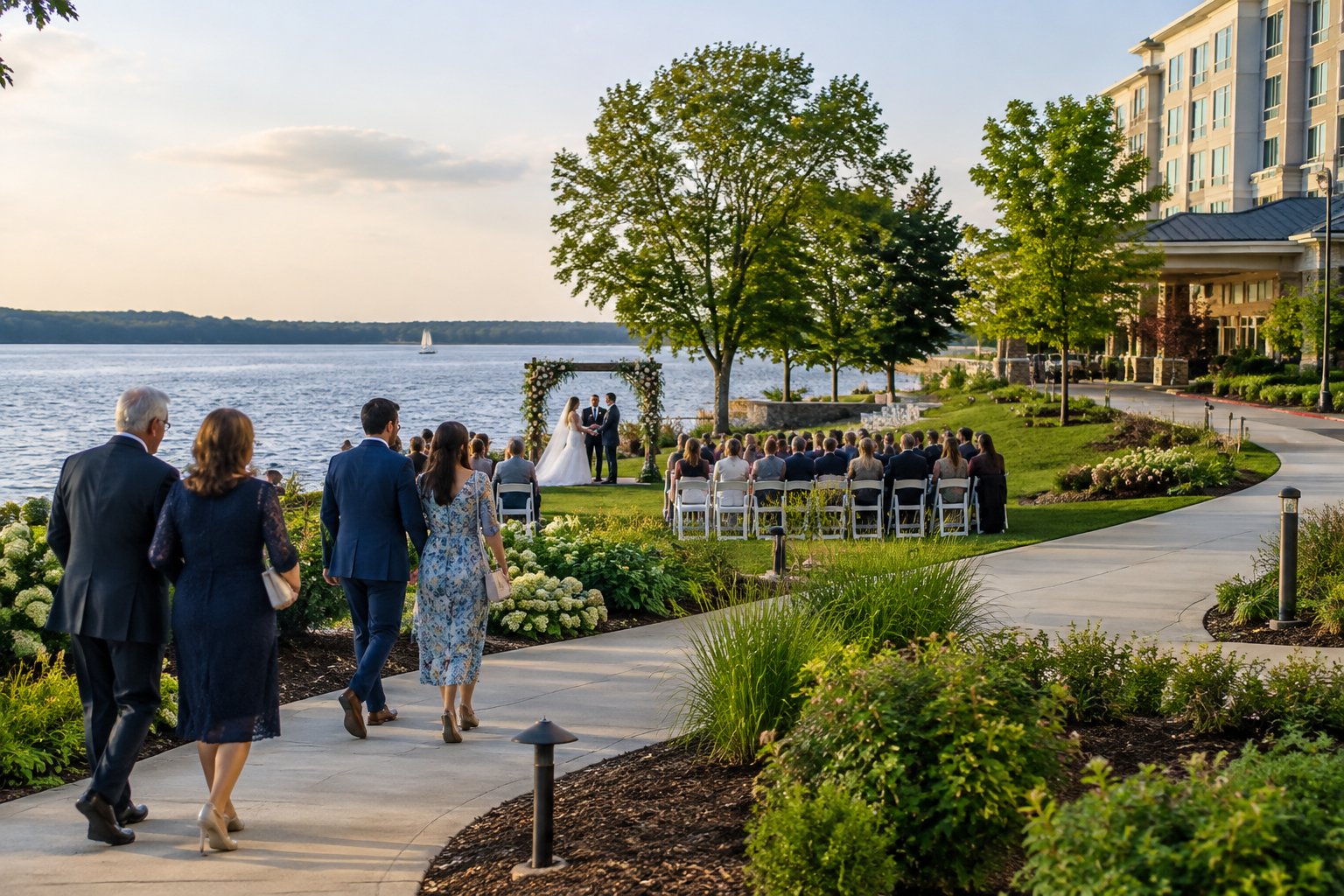 Wedding guests arrive at a lakeside hotel ceremony.