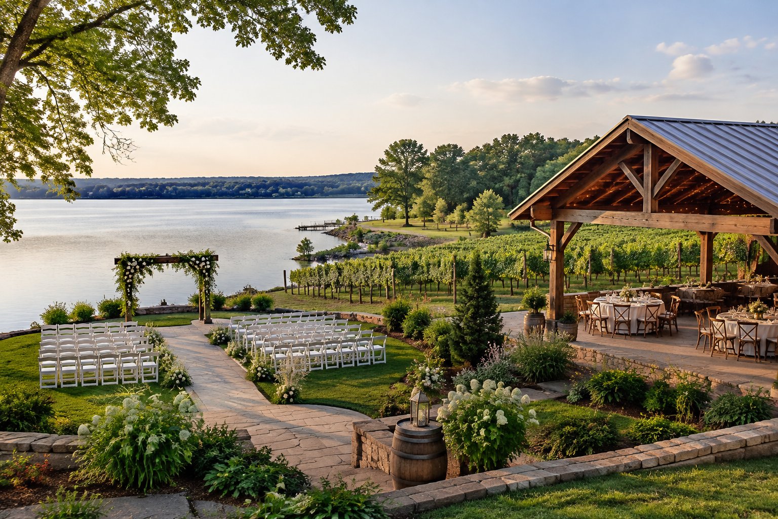 A garden wedding area beside a lake, with a rustic pavilion and vineyard nearby.
