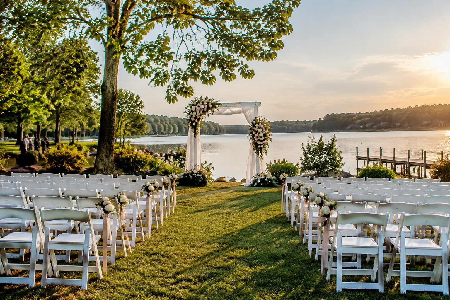 An outdoor wedding ceremony set beside a calm lake.