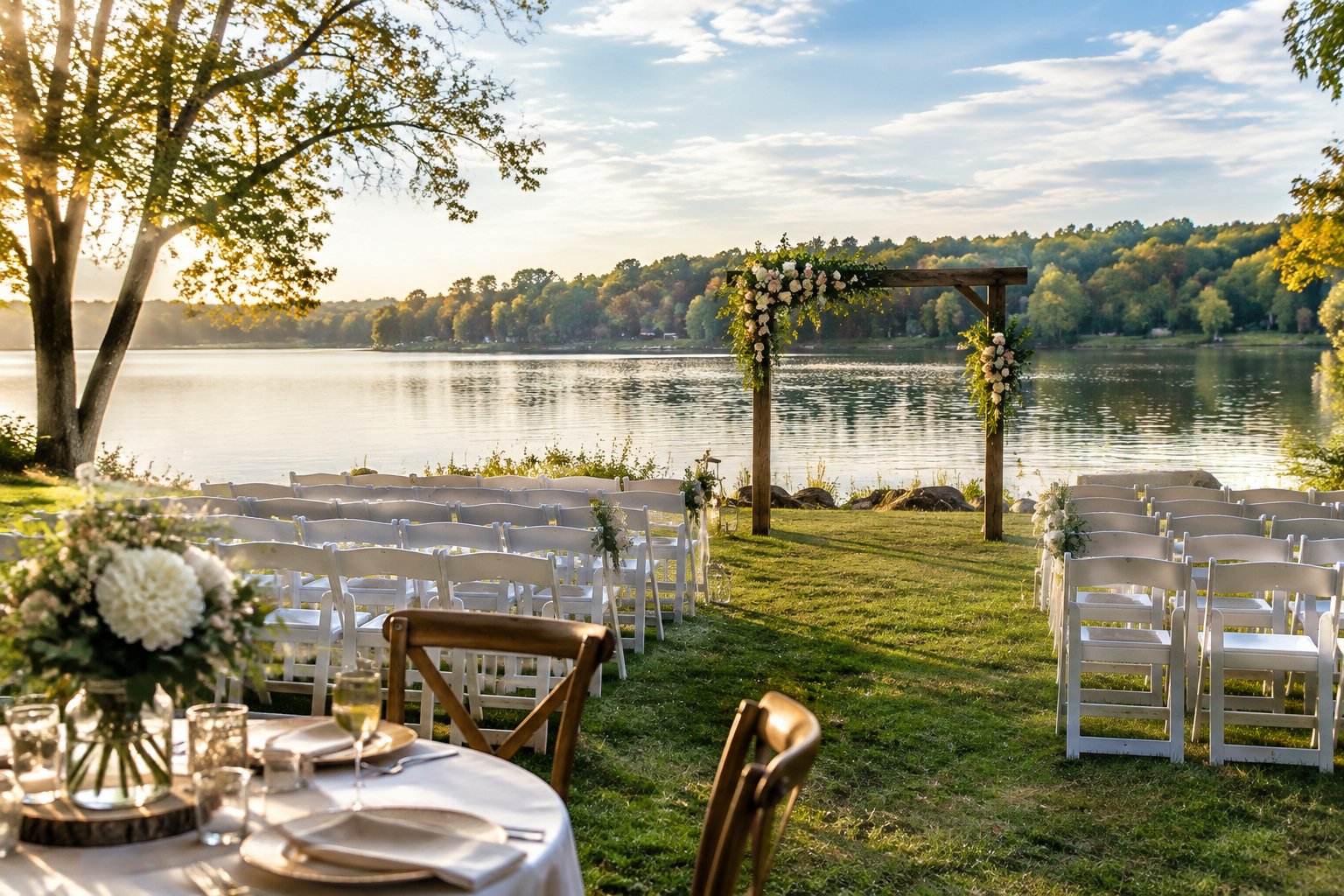 An outdoor wedding setup beside a calm lake bordered by trees.