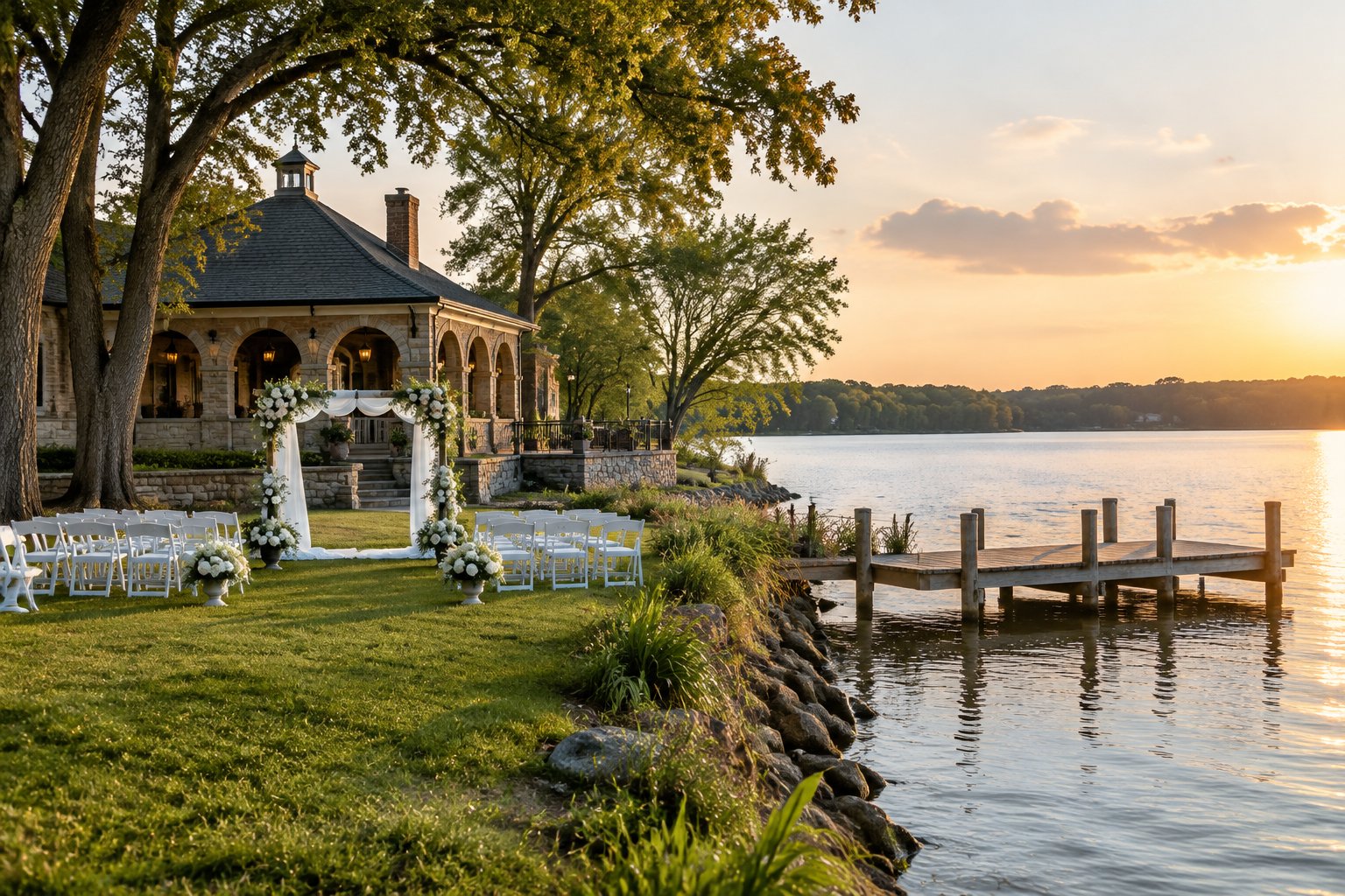 A historic lakeside pavilion beside a wedding ceremony setup.