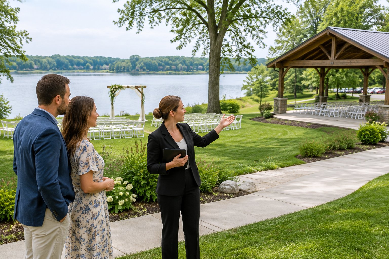 A couple and venue coordinator compare two ceremony locations beside a lake.