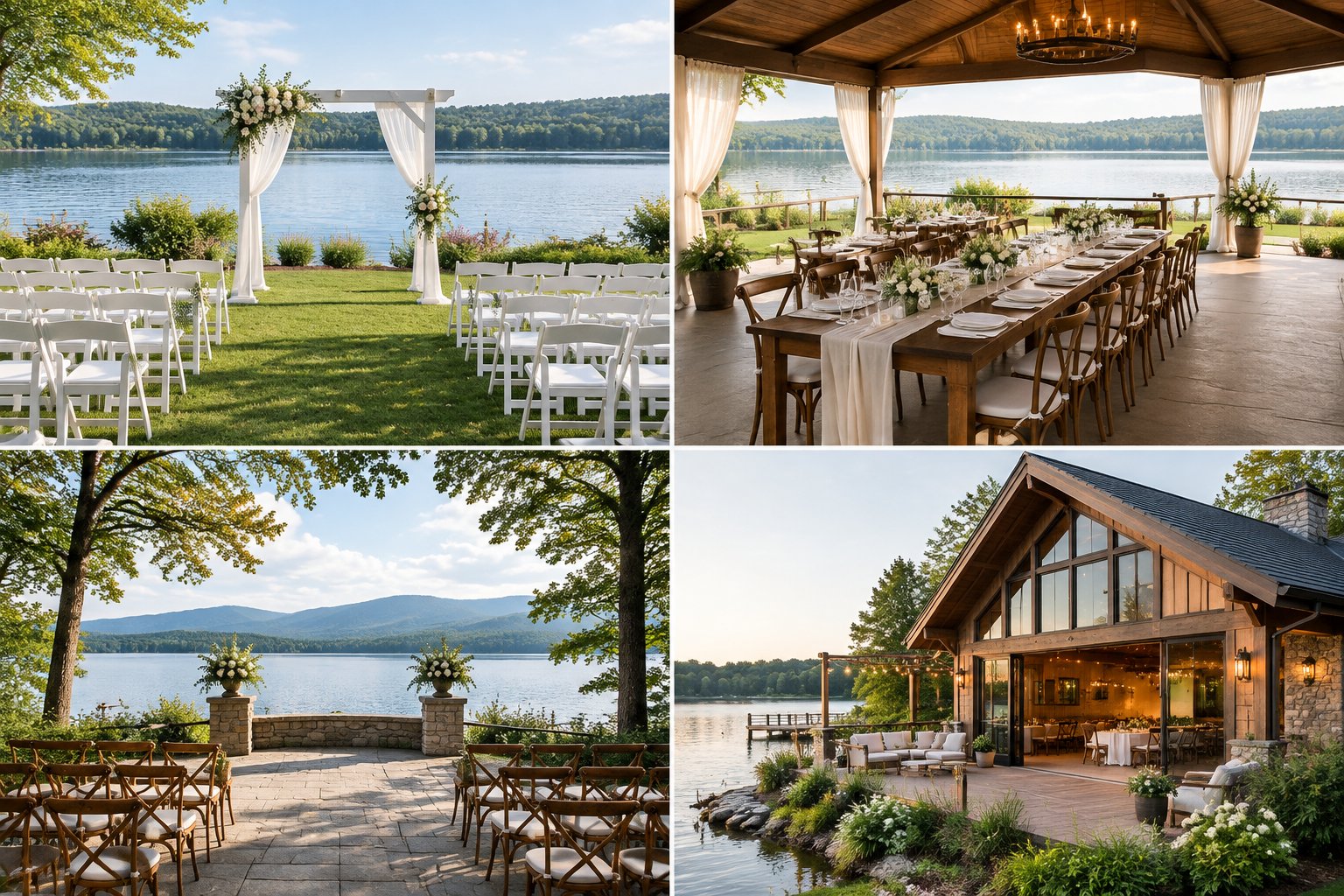 Four wedding venues beside a lake, including ceremony spaces, a reception pavilion, a terrace, and a lodge.