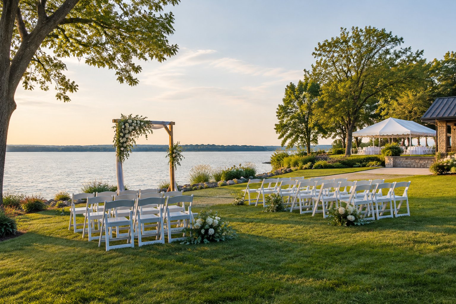 An outdoor wedding ceremony setup beside a calm lake.