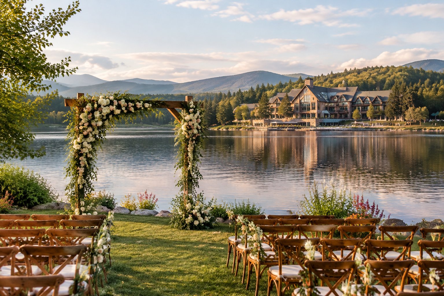 A wedding ceremony setup beside a lake, with a resort visible across the water.