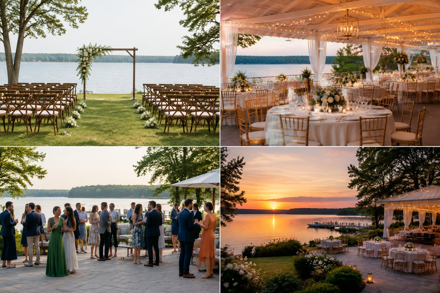 A lakeside wedding ceremony and reception with guests, decorated tables, and a sunset view.