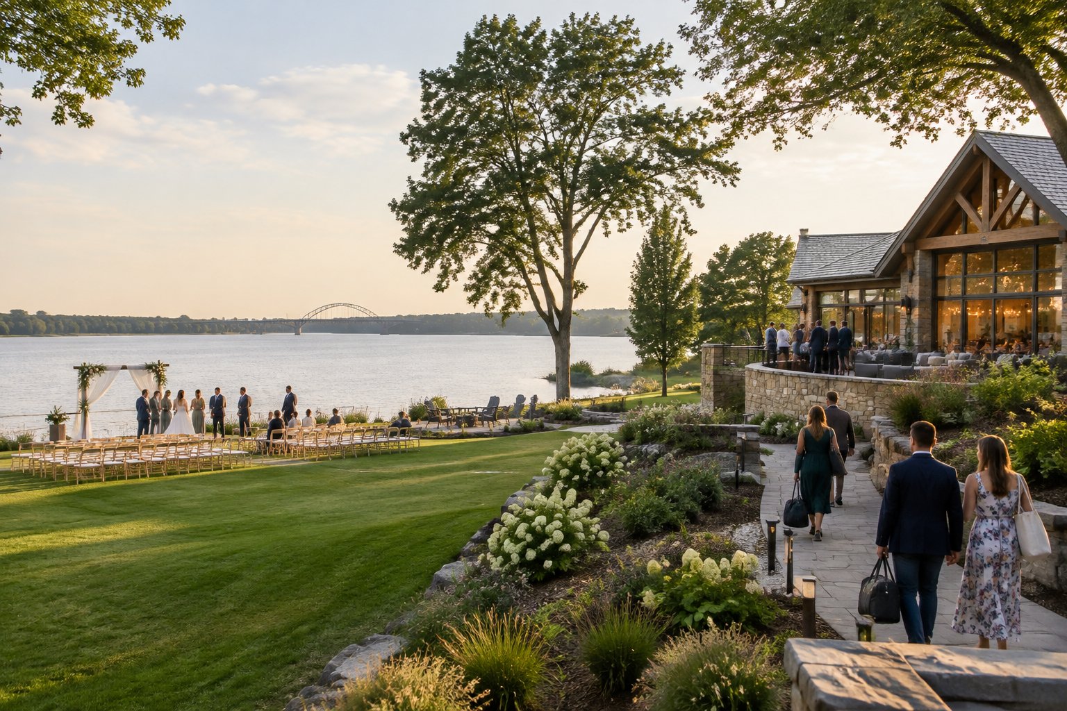 Guests gather at a lakeside wedding venue beside a decorated ceremony area and reception pavilion.