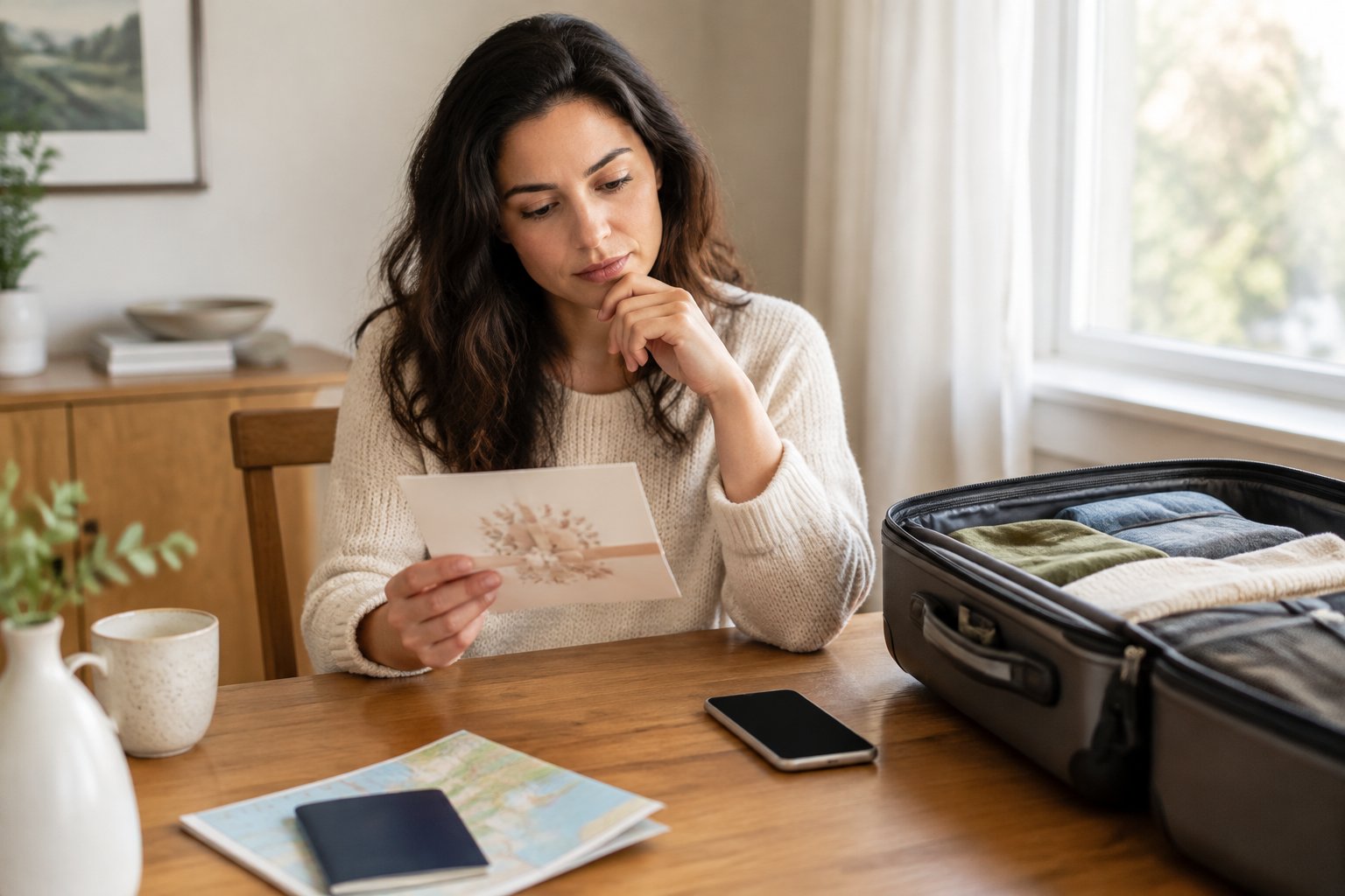 A person at home considers a wedding invitation beside an open suitcase.