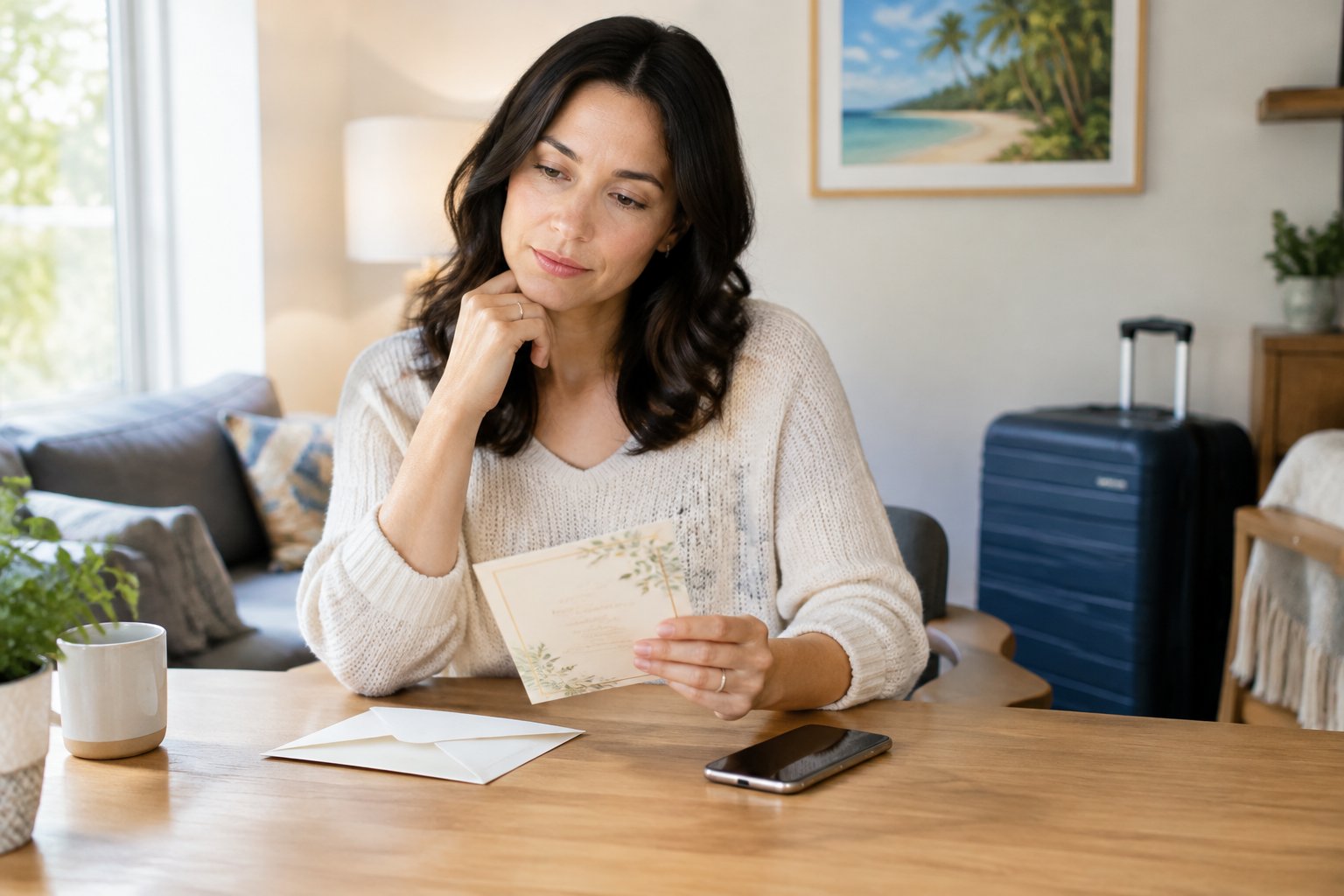 A person considers a wedding invitation beside a phone and a closed suitcase.