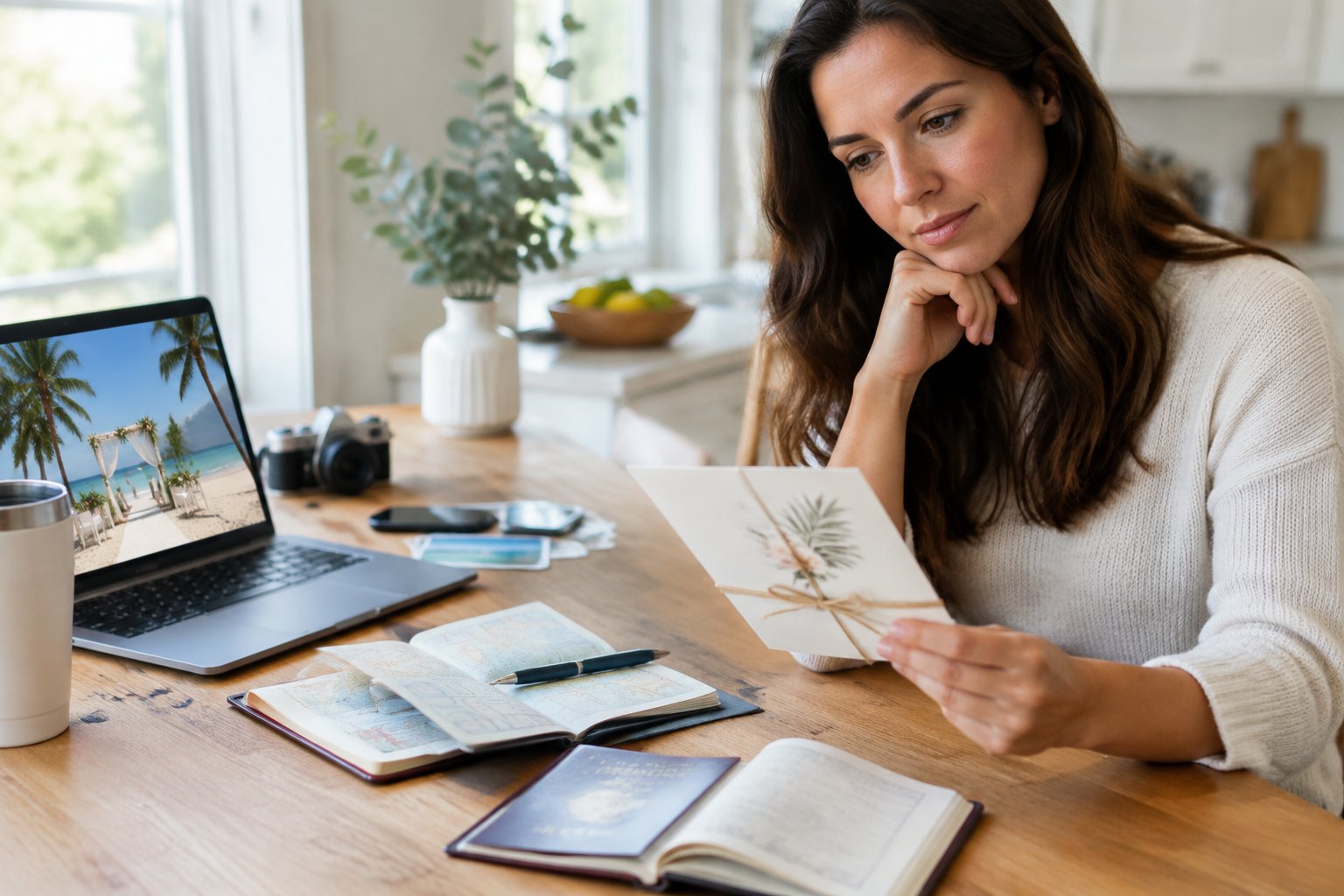 A guest considers a wedding invitation beside a passport and travel-planning items.