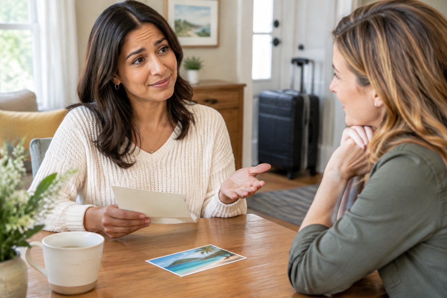 A guest discusses declining a destination wedding invitation with an understanding friend.