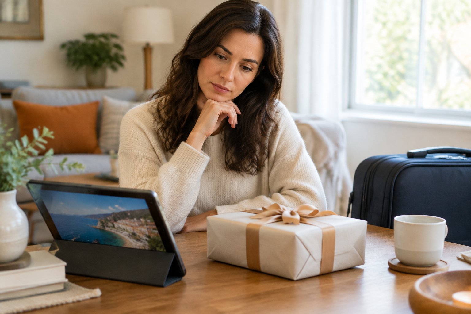A guest considers a wrapped wedding gift beside a tablet and a small suitcase.