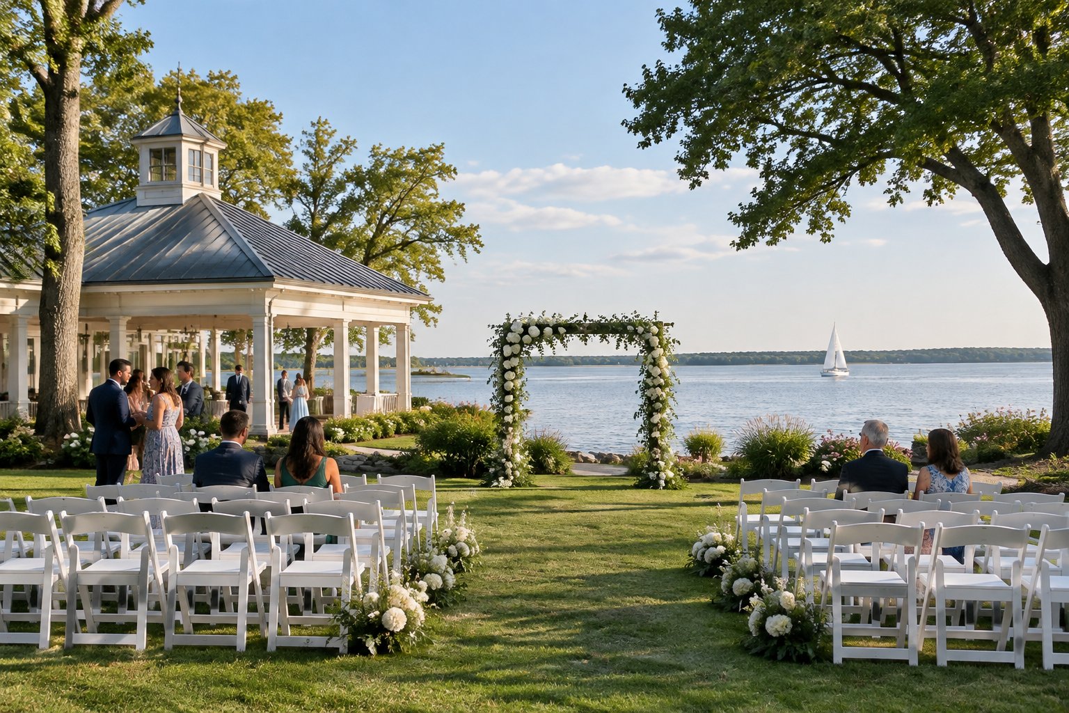 A wedding ceremony setup on a lawn beside a calm lake.
