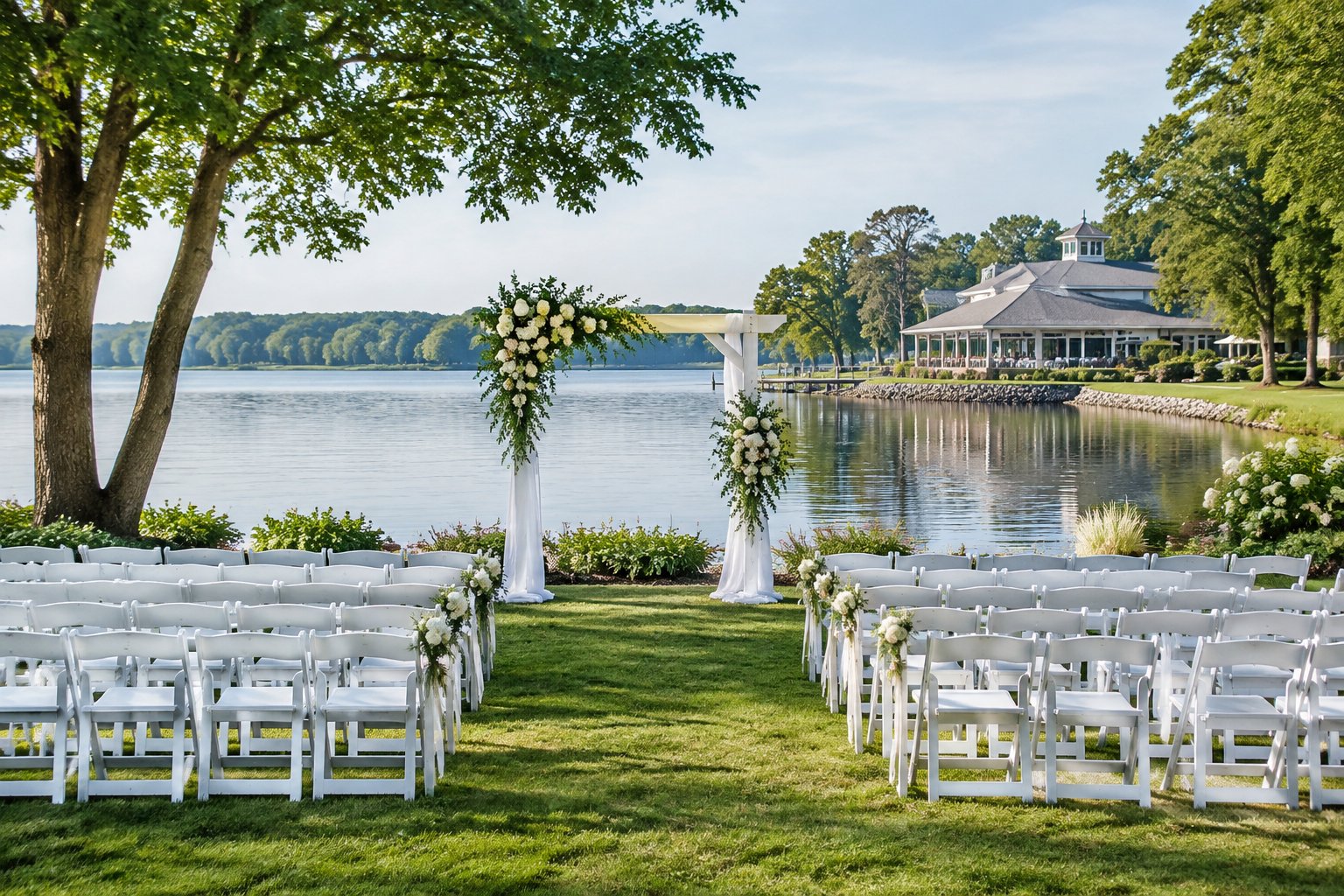 A wedding ceremony setup on a manicured lawn beside a calm lake.