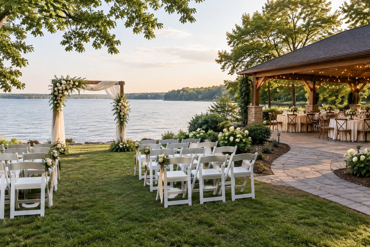 A lakeside wedding ceremony area and a decorated reception space beside a calm lake.
