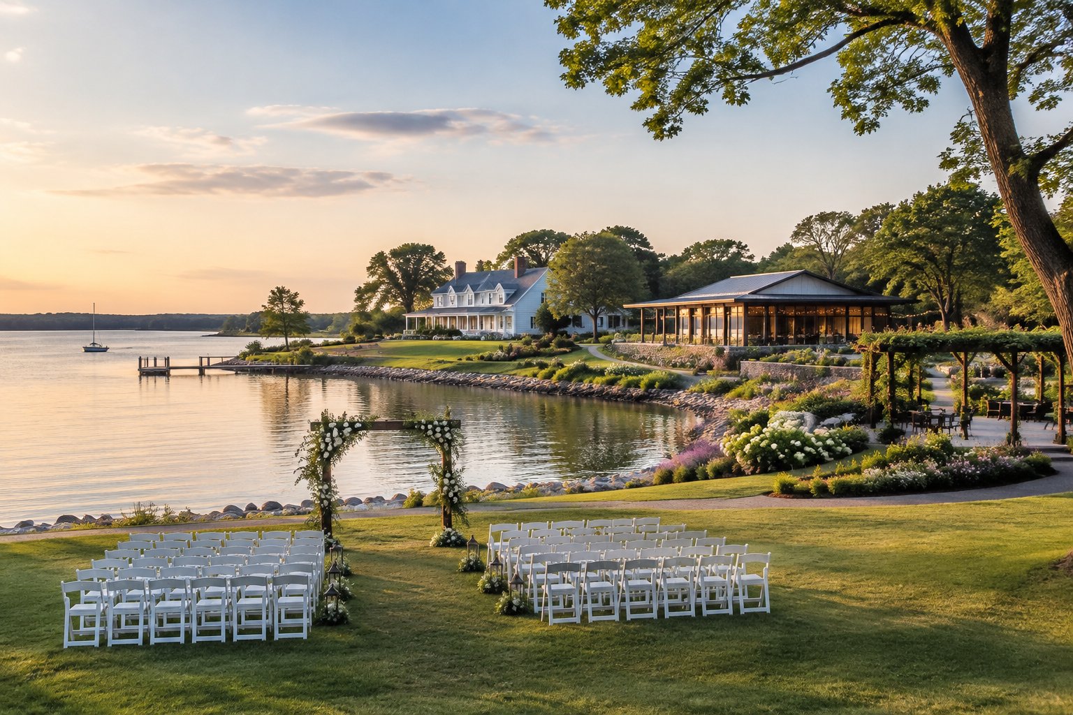 A lakeside wedding ceremony setup with nearby event venues among green trees.