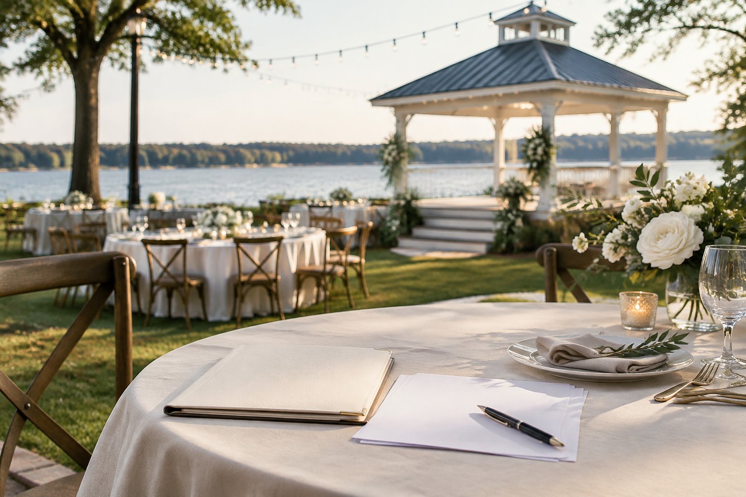 A wedding reception setup beside a lake, with planning papers on a nearby table.